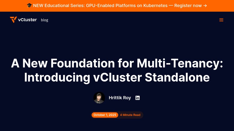 Screenshot of vcluster.com: Show HN: Solving the cluster 1 problem with vCluster standalone