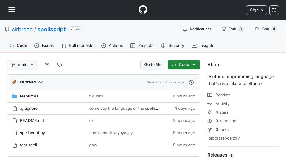 Screenshot of github.com: Show HN: I made an esoteric programming language that's read like a spellbook