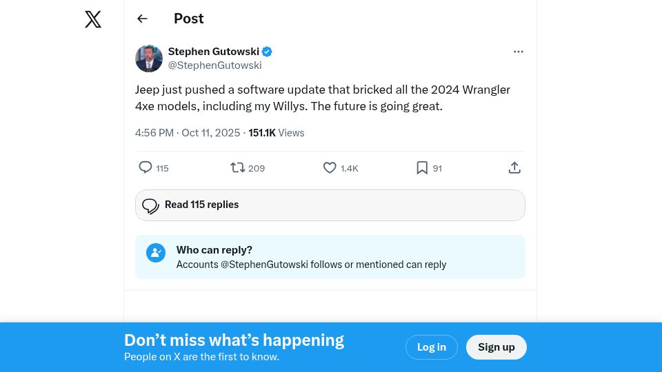 Screenshot of twitter.com: Jeep pushed software update that bricked all 2024 Wrangler 4xe models