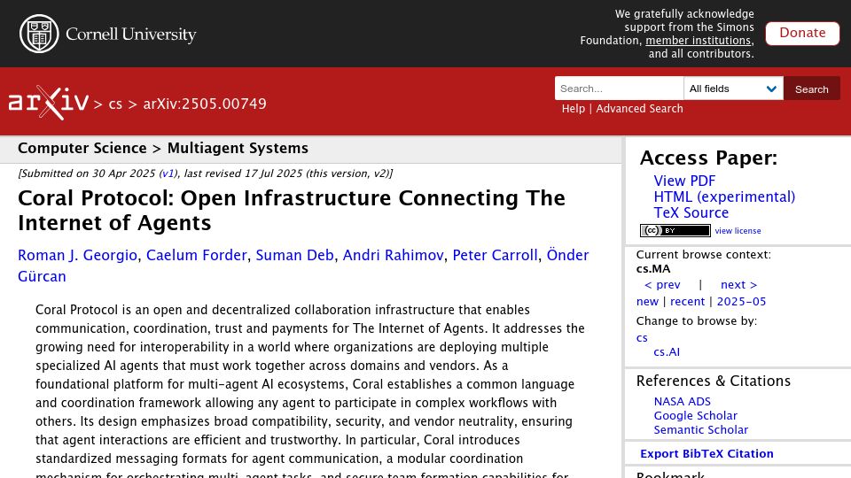 Screenshot of arxiv.org: Coral Protocol: Open infrastructure connecting the internet of agents
