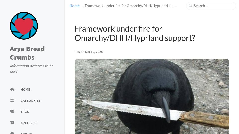 Screenshot of crimier.github.io: Framework under fire for Omarchy/DHH/Hyprland support?
