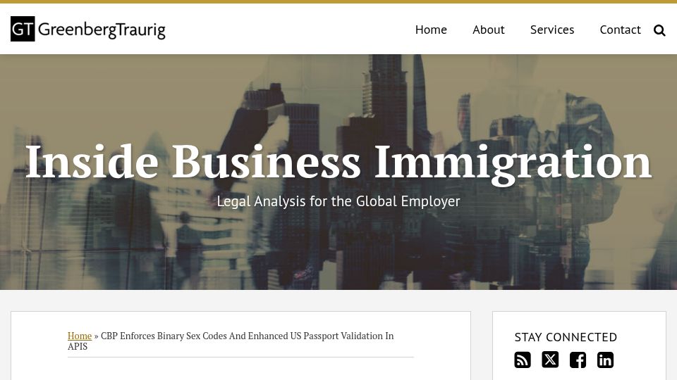 Screenshot of gtlaw-insidebusinessimmigration.com: CBP Enforces Binary Sex Codes and Enhanced US Passport Validation in APIs