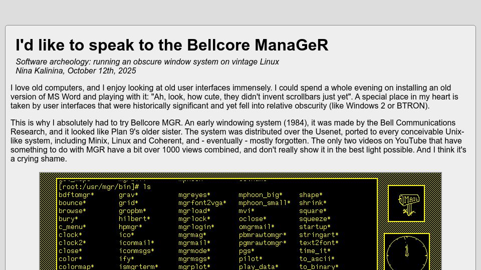 Screenshot of ninakalinina.com: I'd like to speak to the Bellcore ManaGeR