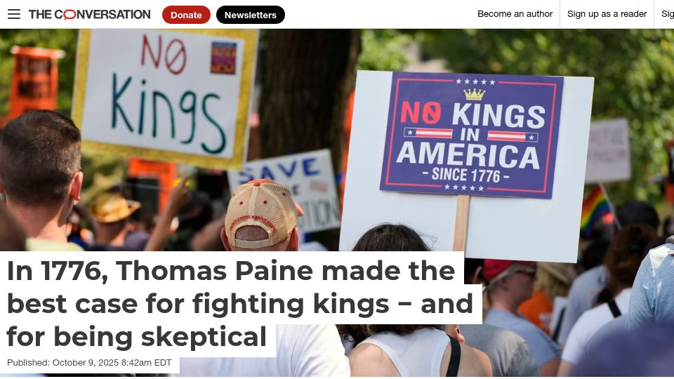 Screenshot of theconversation.com: In 1776, Thomas Paine made the best case for fighting kings −and being skeptical