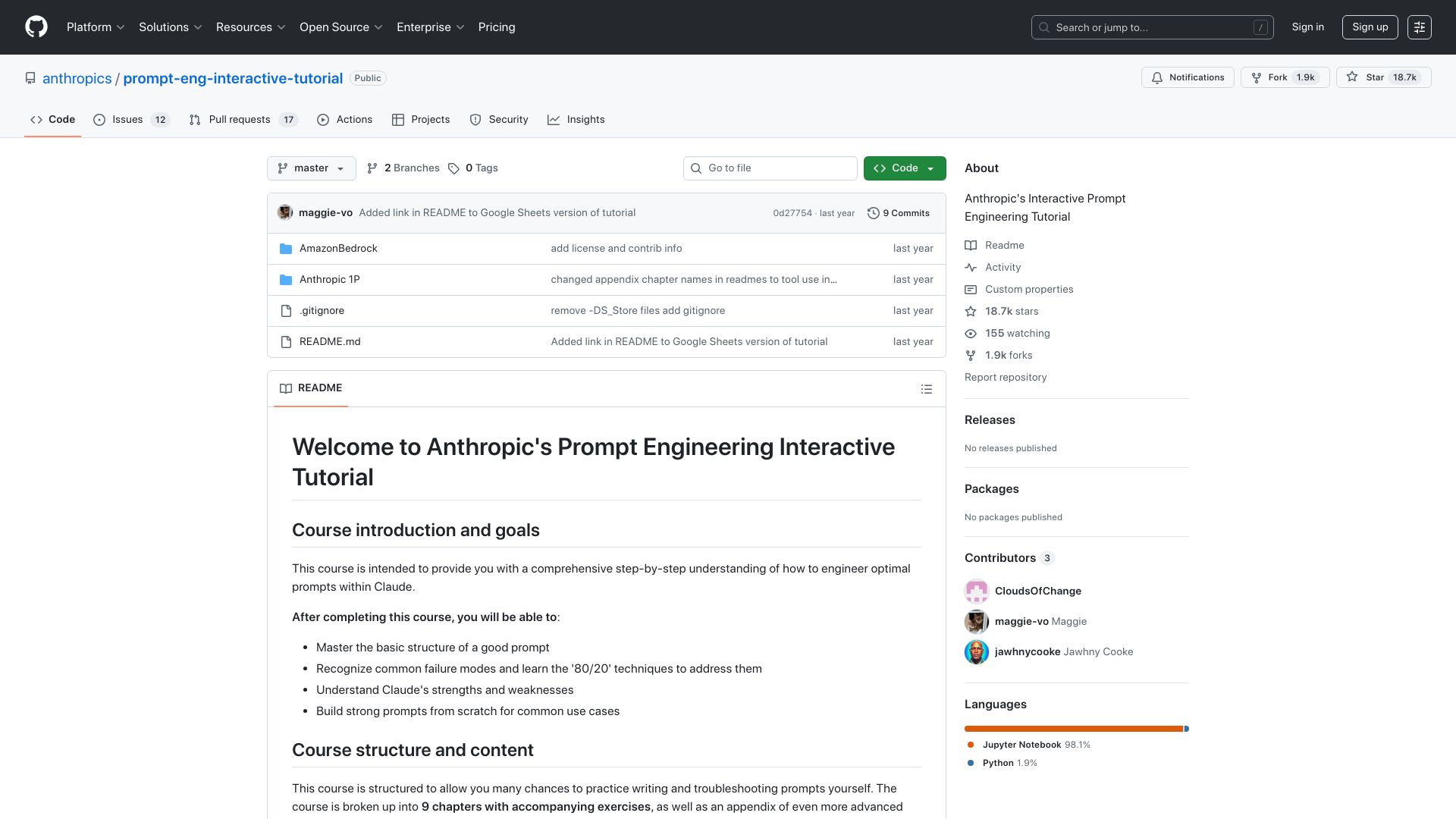 Screenshot of github.com: Anthropic's Prompt Engineering Tutorial (2024)