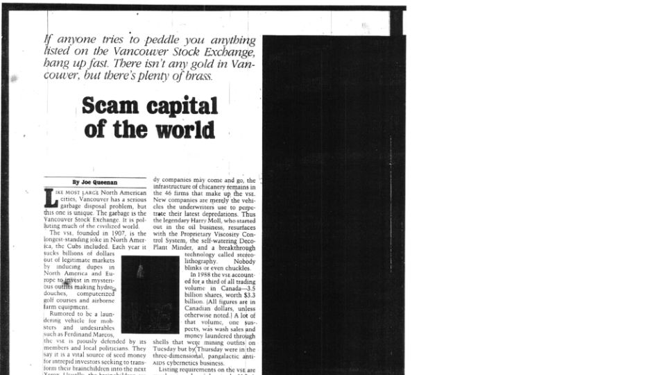 Screenshot of scamcouver.wordpress.com: Vancouver Stock Exchange: Scam capital of the world (1989) [pdf]