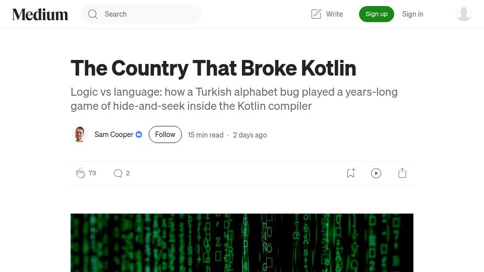 Screenshot of sam-cooper.medium.com: A years-long Turkish alphabet bug in the Kotlin compiler