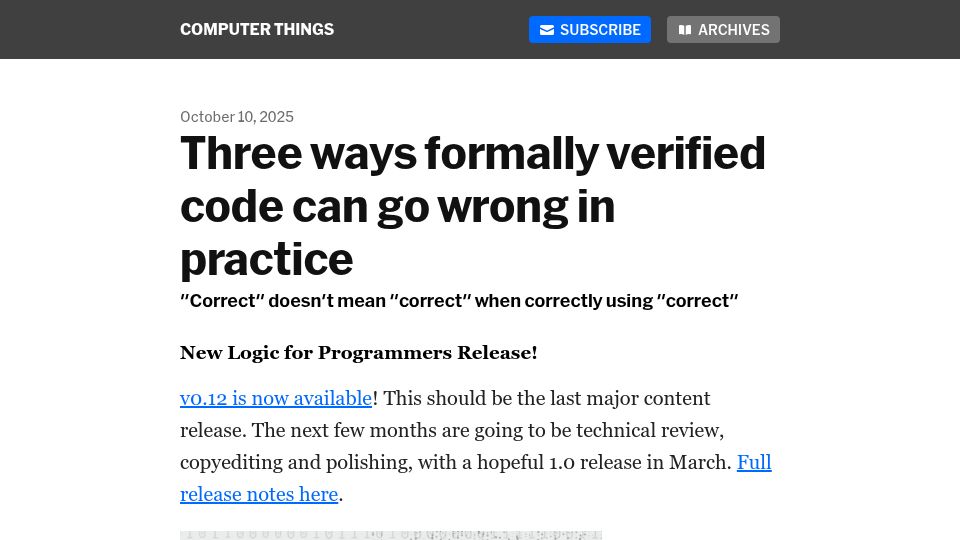 Screenshot of buttondown.com: Three ways formally verified code can go wrong in practice