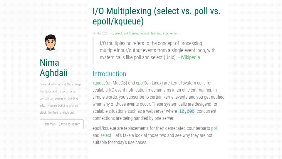 Screenshot of nima101.github.io: I/O Multiplexing (select vs. poll vs. epoll/kqueue)