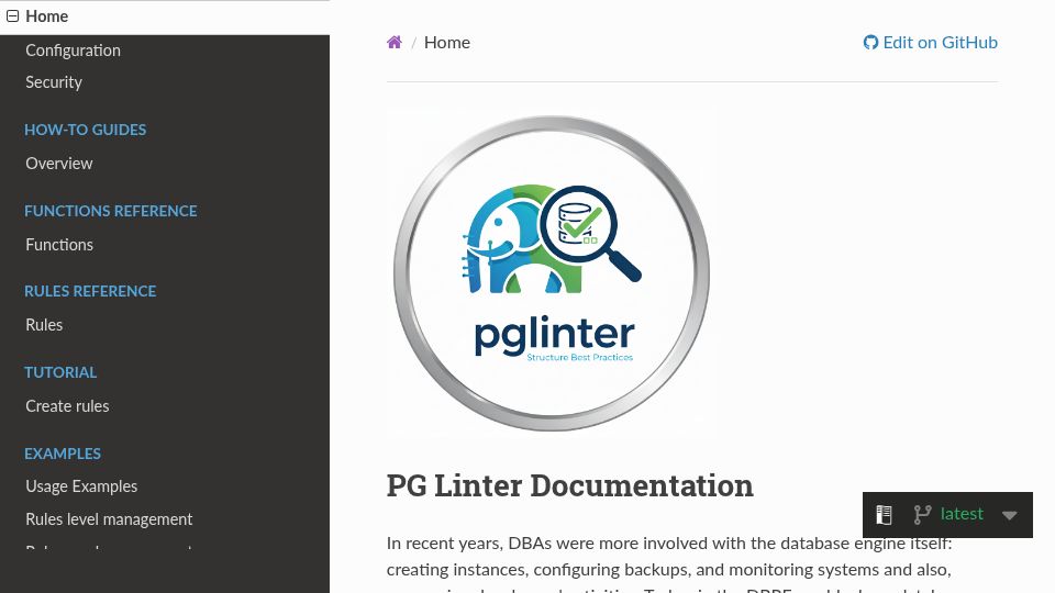 Screenshot of pglinter.readthedocs.io: Database Linting and Analysis for PostgreSQL