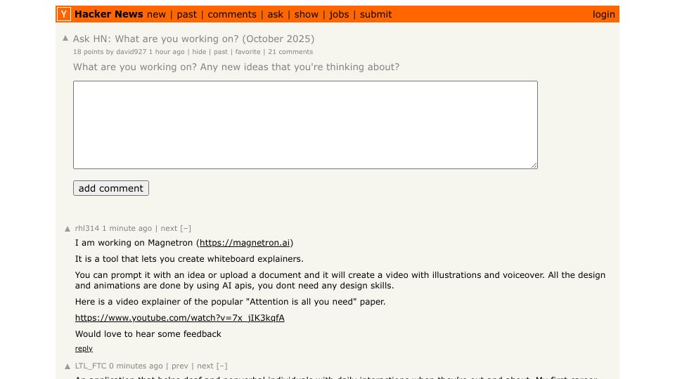 Screenshot of Hacker News post: Ask HN: What are you working on? (October 2025)