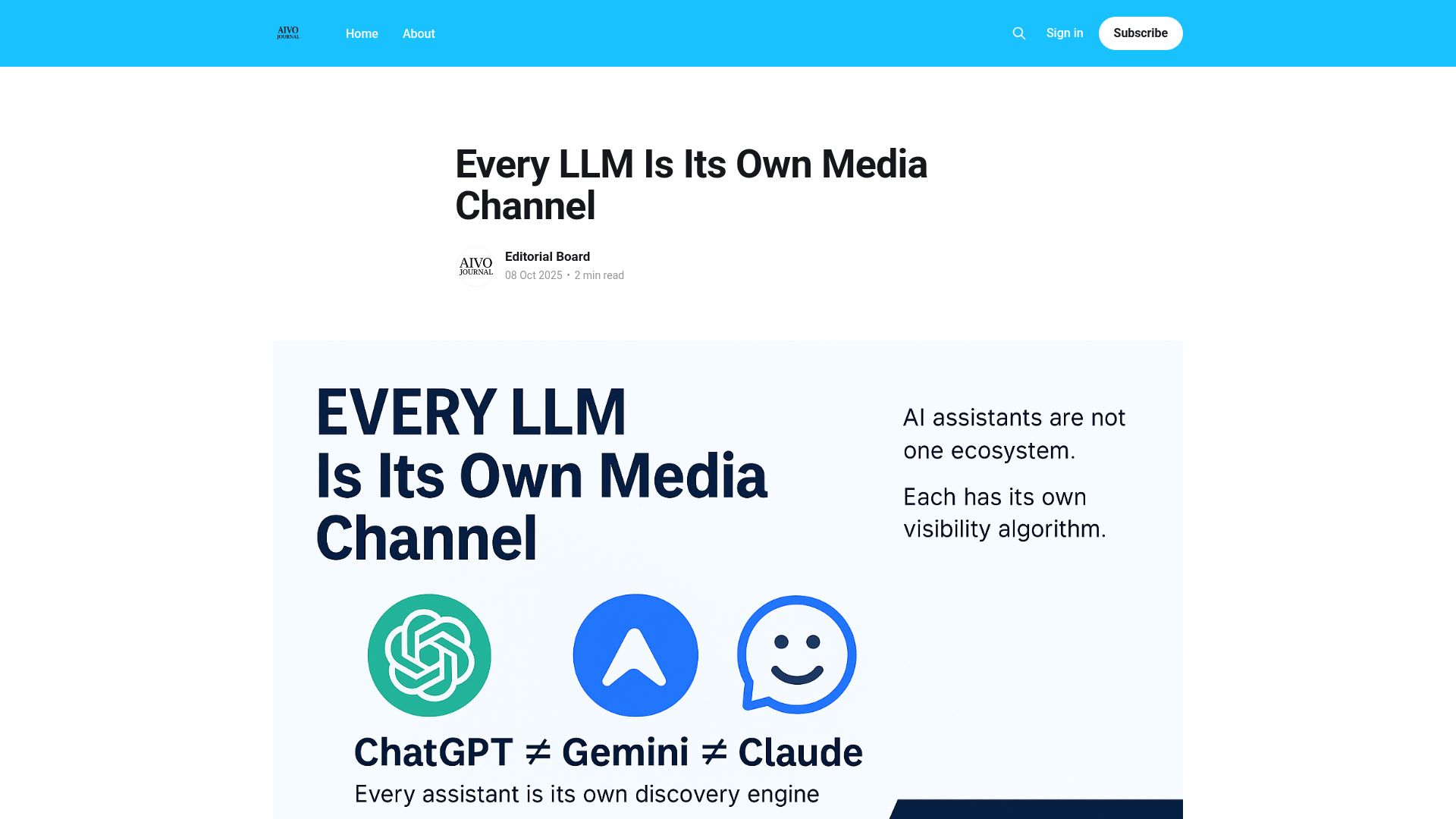 Screenshot of aivojournal.org: Every LLM Is Its Own Media Channel