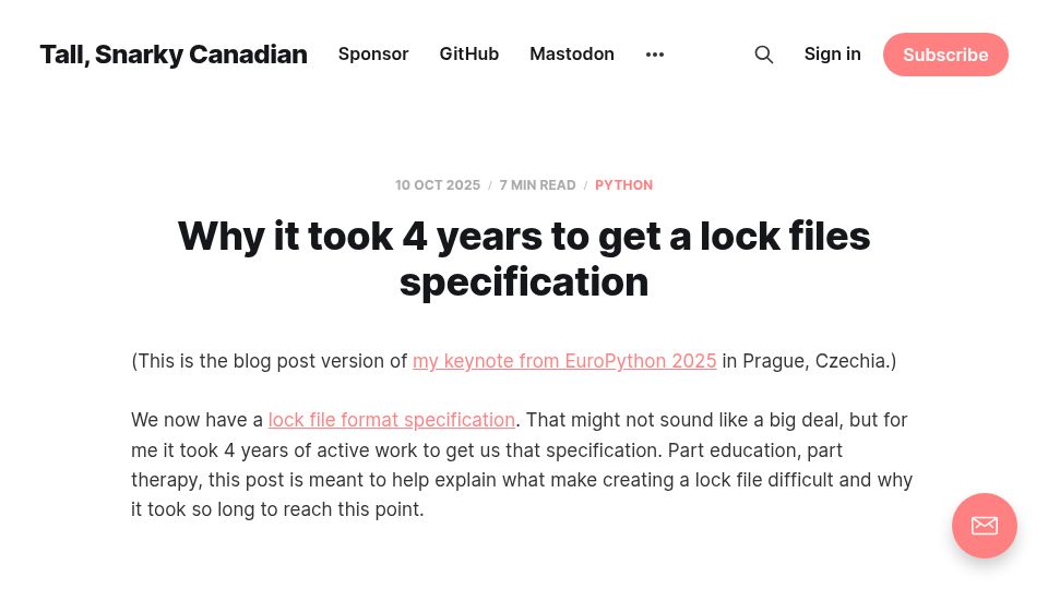 Screenshot of snarky.ca: Why it took 4 years to get a lock files specification