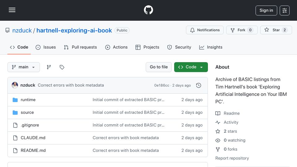 Screenshot of github.com: Show HN: I extracted BASIC listings for Tim Hartnell's 1986 book