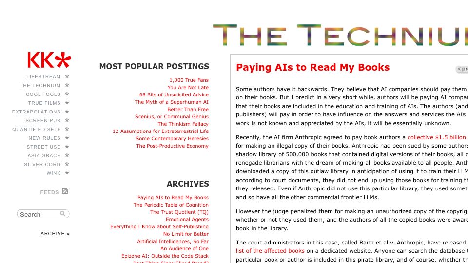 Screenshot of kk.org: Paying AIs to read my books