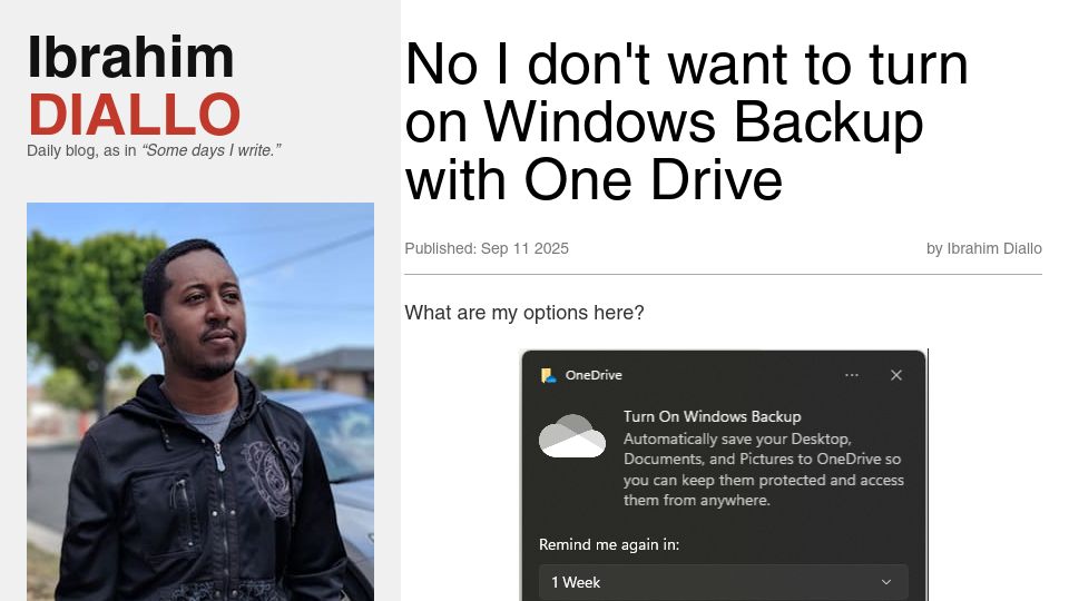 Screenshot of idiallo.com: No I don't want to turn on Windows Backup with One Drive