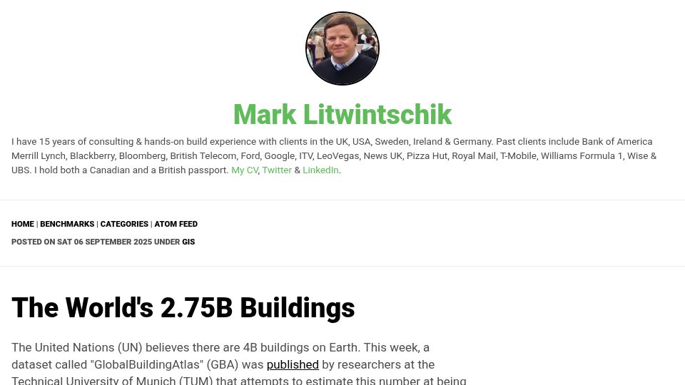 Screenshot of tech.marksblogg.com: The World's 2.75B Buildings