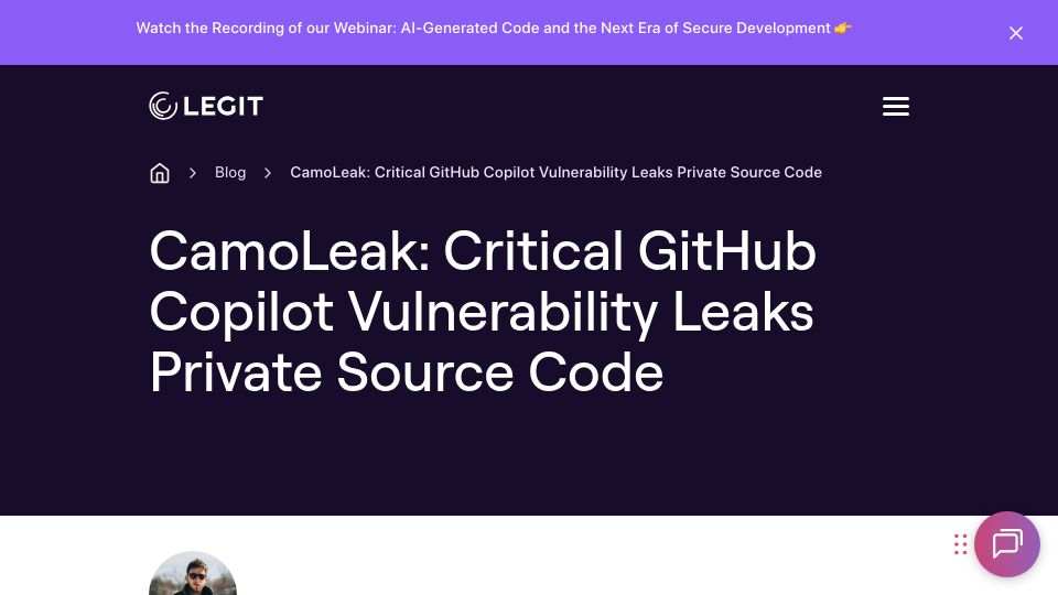Screenshot of legitsecurity.com: CamoLeak: Critical GitHub Copilot Vulnerability Leaks Private Source Code