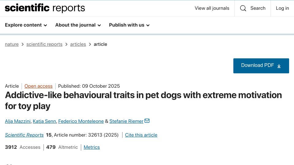 Screenshot of nature.com: Addictive-like behavioural traits in pet dogs with extreme motivation for toys