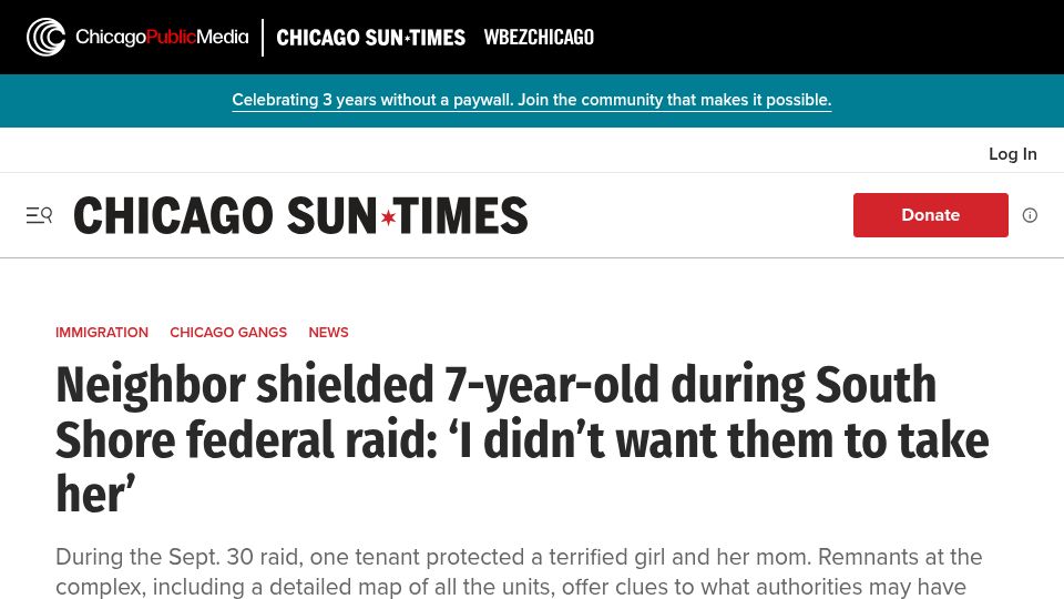 Screenshot of chicago.suntimes.com: Neighbor shielded 7-year-old during South Shore federal raid
