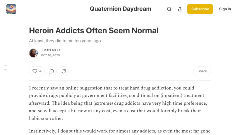 Screenshot of justismills.substack.com: Heroin addicts often seem normal
