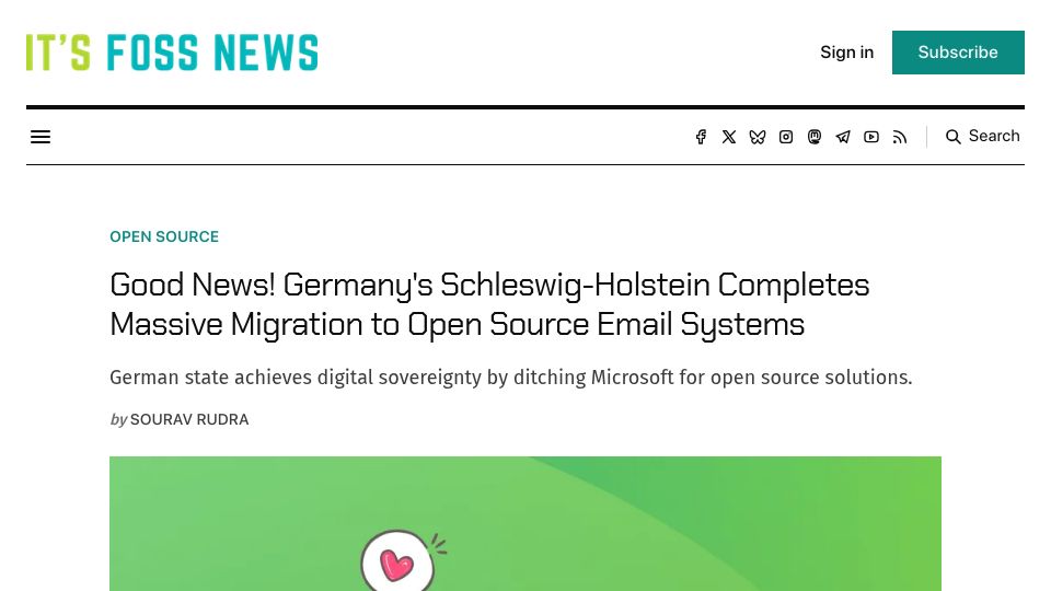 Screenshot of news.itsfoss.com: Schleswig-Holstein completes migration to open source email