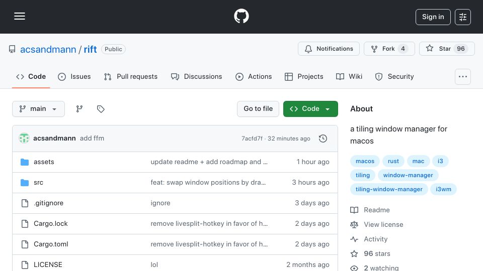 Screenshot of github.com: Show HN: Rift – A tiling window manager for macOS