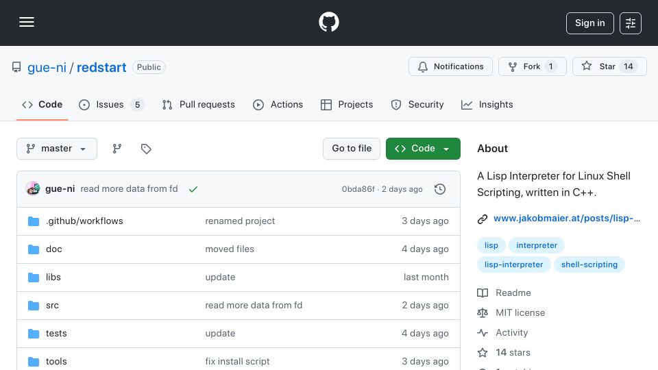 Screenshot of github.com: Show HN: A Lisp Interpreter for Shell Scripting