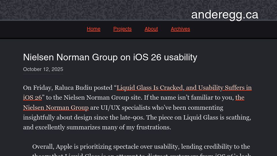 Screenshot of anderegg.ca: Nielsen Norman Group on iOS 26 usability