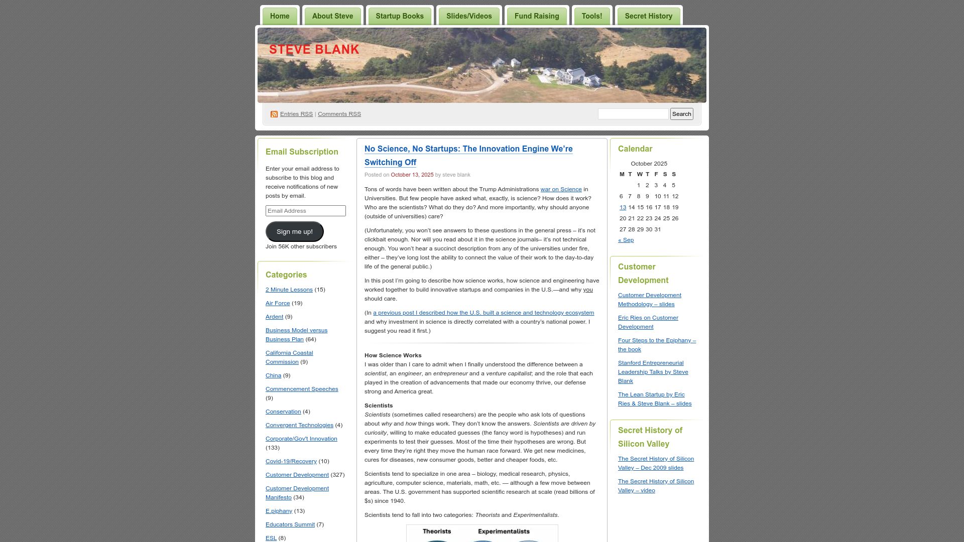 Screenshot of steveblank.com: No science, no startups: The innovation engine we're switching off