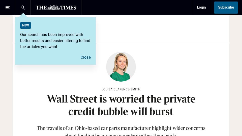 Screenshot of thetimes.com: Wall Street is worried the private credit bubble will burst