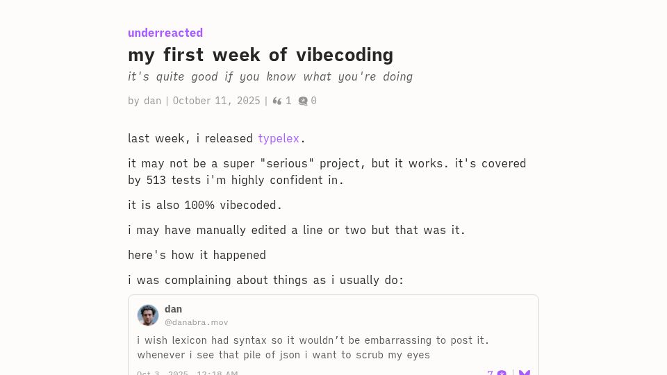 Screenshot of underreacted.leaflet.pub: My first week of vibecoding