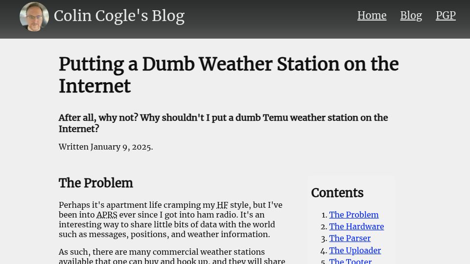 Screenshot of colincogle.name: Putting a dumb weather station on the internet