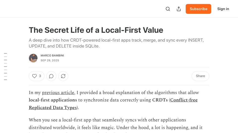 Screenshot of marcobambini.substack.com: CRDT and SQLite: Local-First Value Synchronization