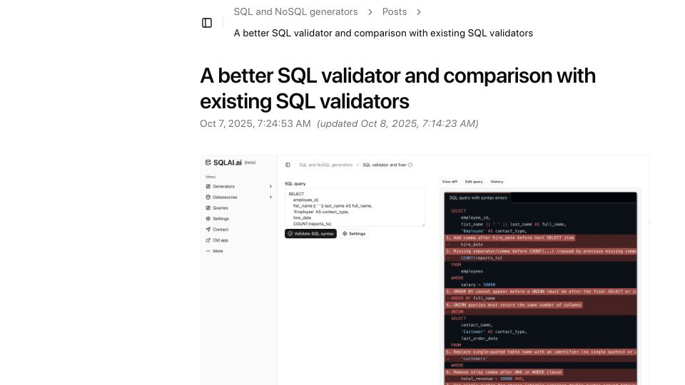 Screenshot of app.sqlai.ai: A better SQL validator and comparison with existing SQL validators