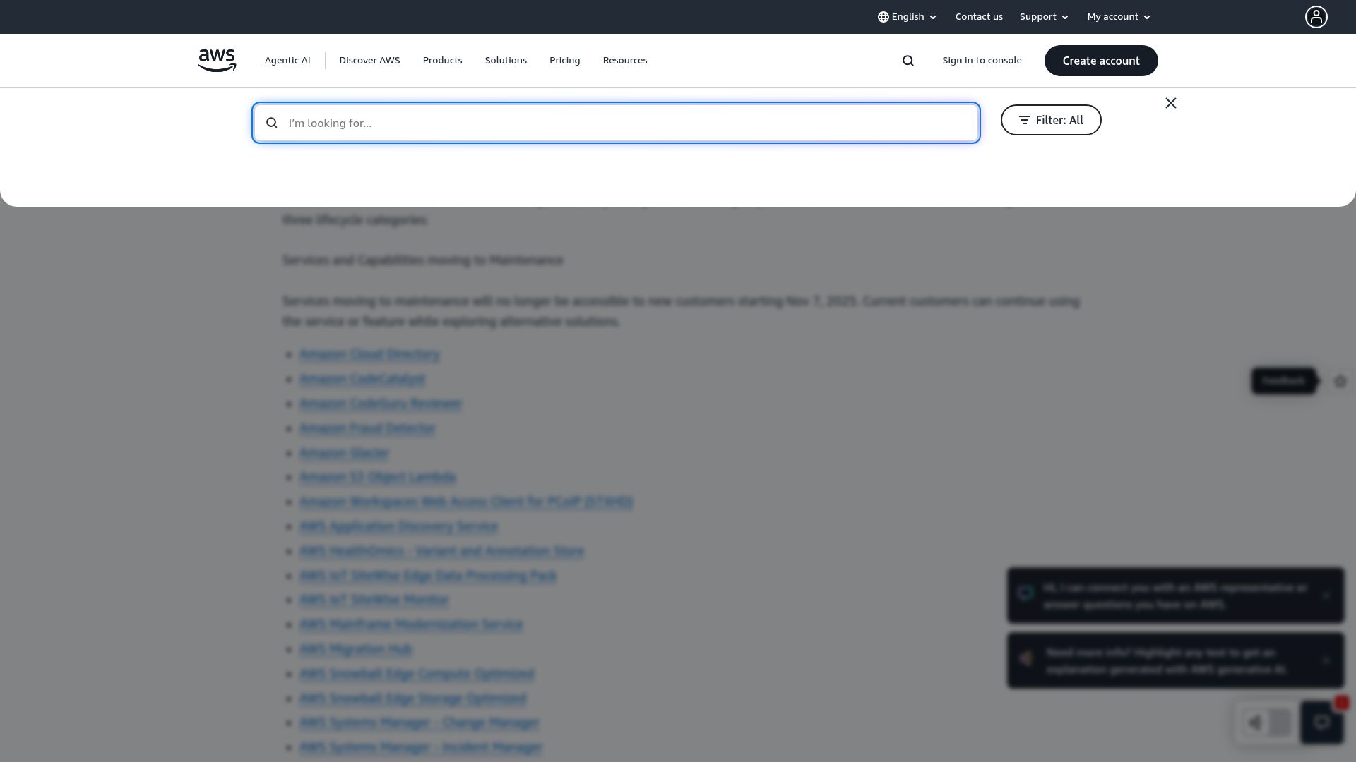 Screenshot of aws.amazon.com: AWS Service Availability Updates