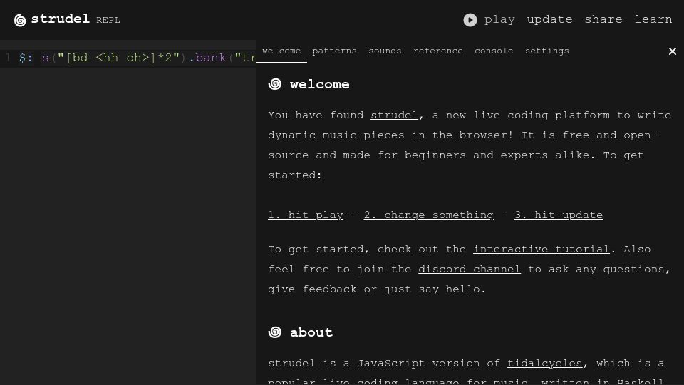 Screenshot of strudel.cc: Strudel REPL – a music live coding environment living in the browser