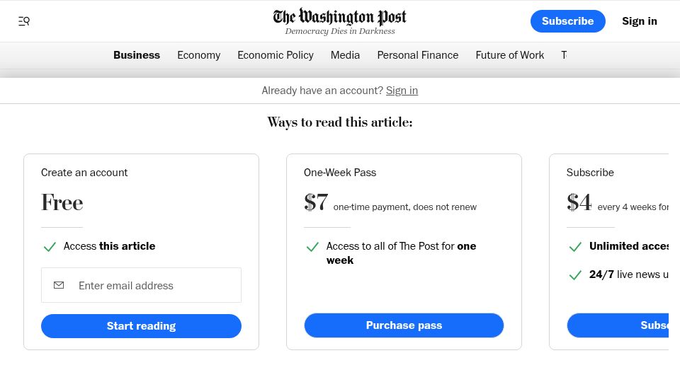 Screenshot of washingtonpost.com: America is getting an AI gold rush instead of a factory boom