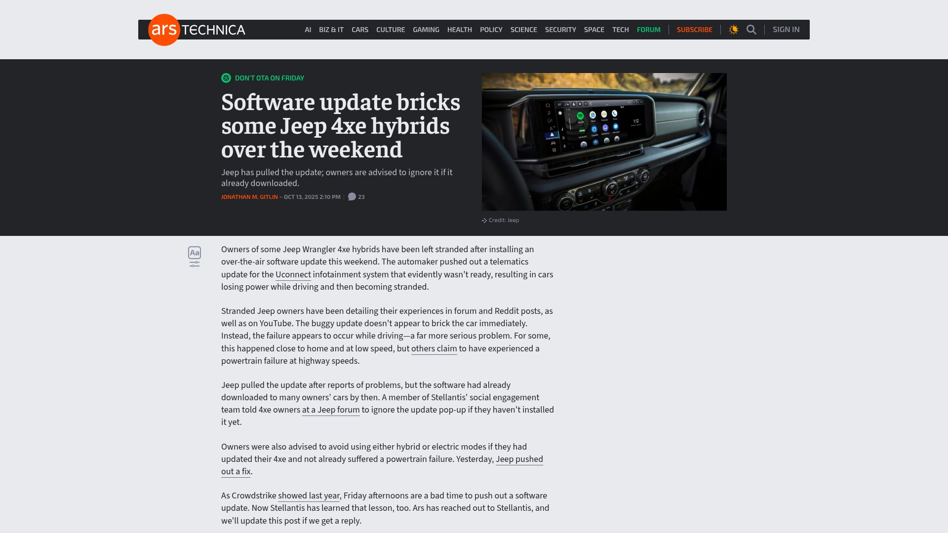 Screenshot of arstechnica.com: Software update bricks some Jeep 4xe hybrids over the weekend