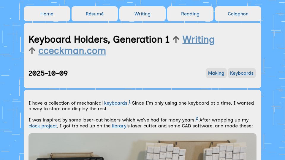 Screenshot of cceckman.com: Keyboard Holders, Generation 1