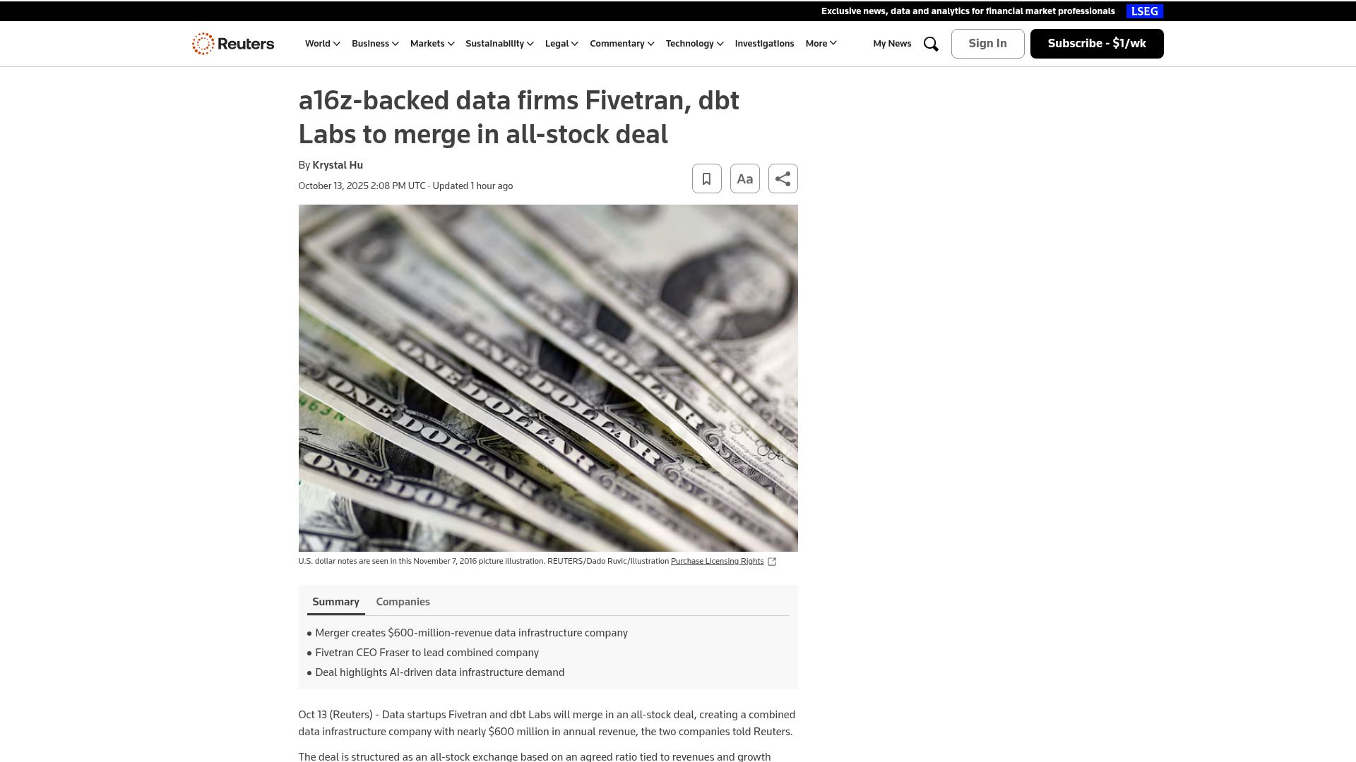 Screenshot of reuters.com: A16Z-backed data firms Fivetran, dbt Labs to merge in all-stock deal