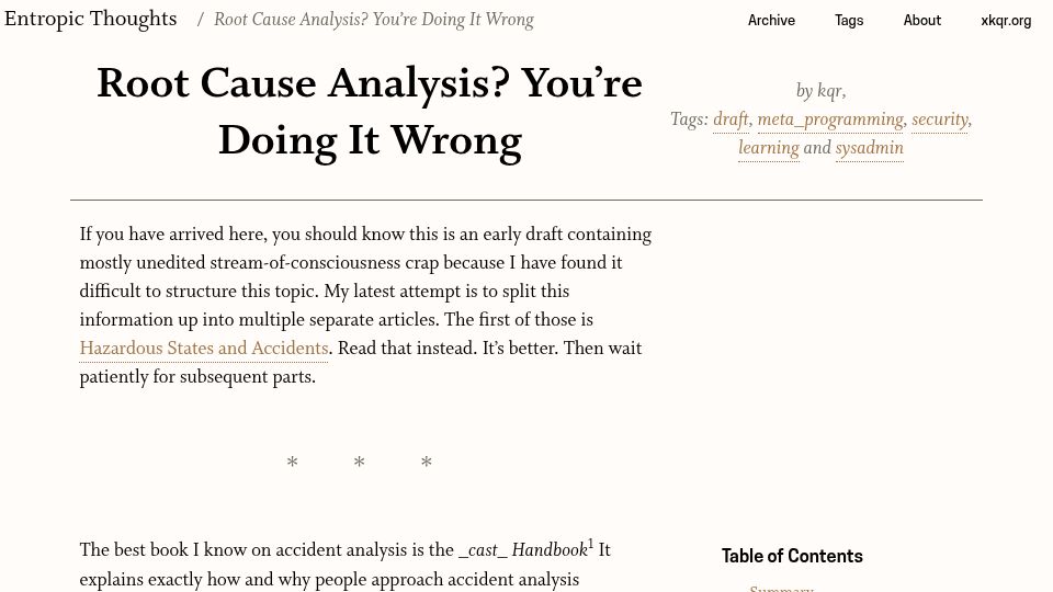 Screenshot of entropicthoughts.com: Root cause analysis? You're doing it wrong