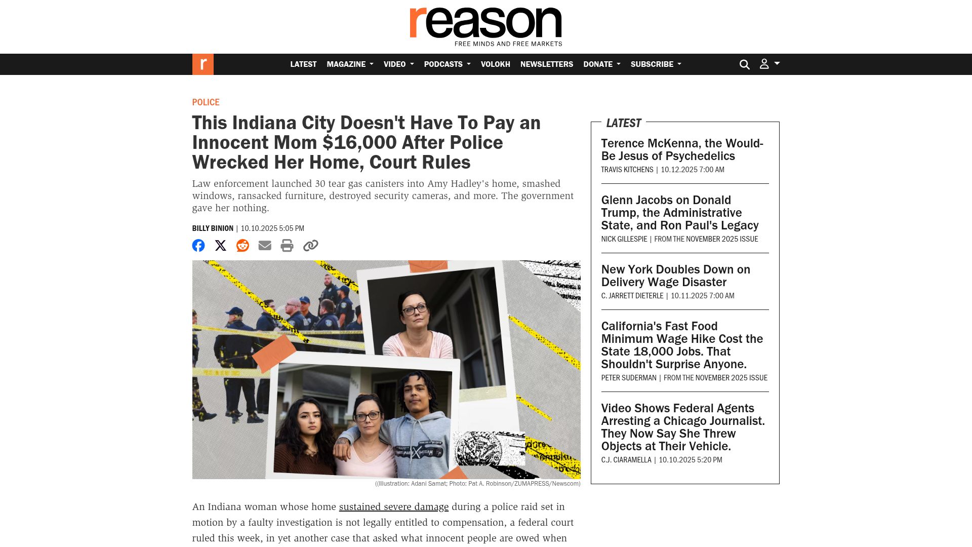 Screenshot of reason.com: Indiana City Doesn't Have to Pay Innocent Mom $16,000 After Police Wrecked Home