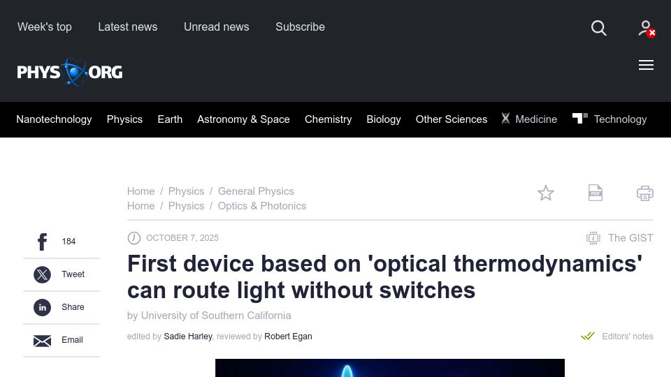 Screenshot of phys.org: First device based on 'optical thermodynamics' can route light without switches