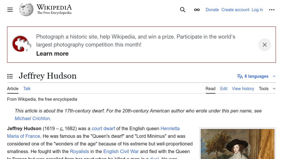 Screenshot of en.wikipedia.org: Jeffrey Hudson the Court Dwarf of the English Queen Henrietta Maria of France