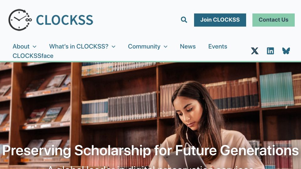 Screenshot of clockss.org: Clockss: Digital preservation services run by academic publishers and libraries