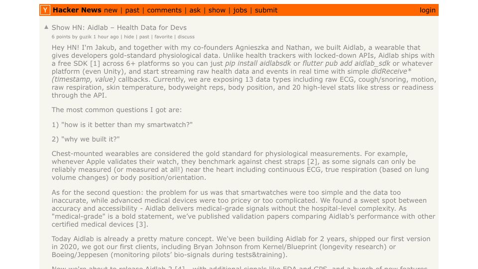 Screenshot of Hacker News post: Show HN: Aidlab – Health Data for Devs