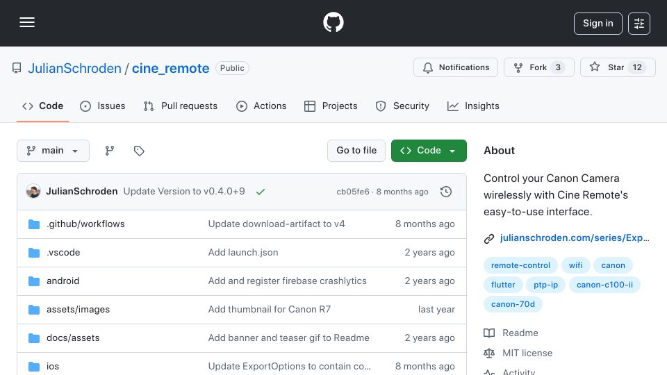 Screenshot of github.com: Control your Canon Camera wirelessly