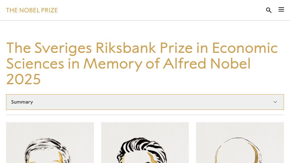 Screenshot of nobelprize.org: The Sveriges Riksbank Prize in Economic Sciences in Memory of Alfred Nobel 2025