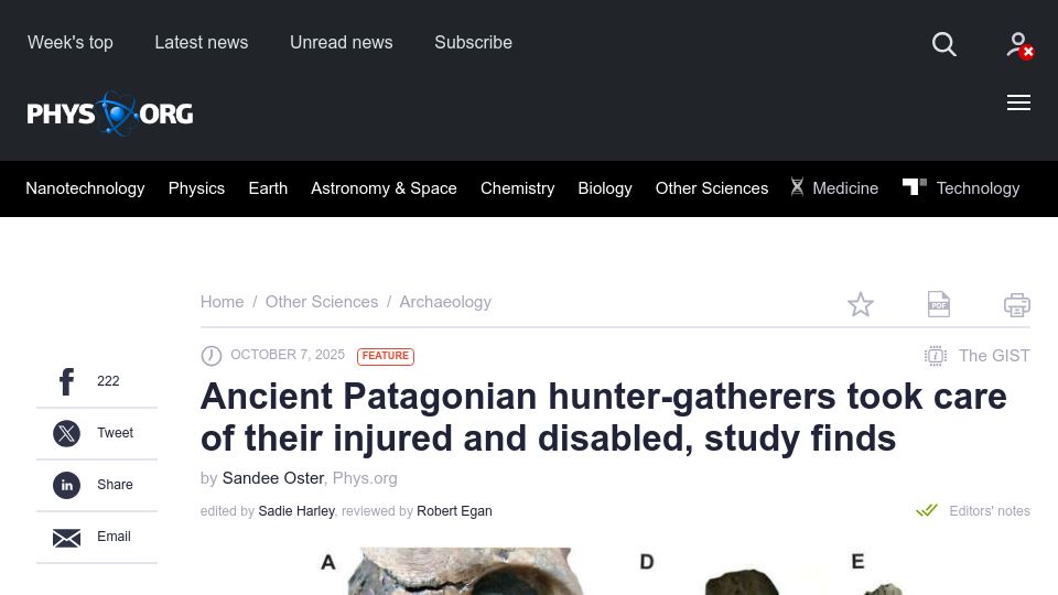 Screenshot of phys.org: Ancient Patagonian hunter-gatherers took care of their injured and disabled